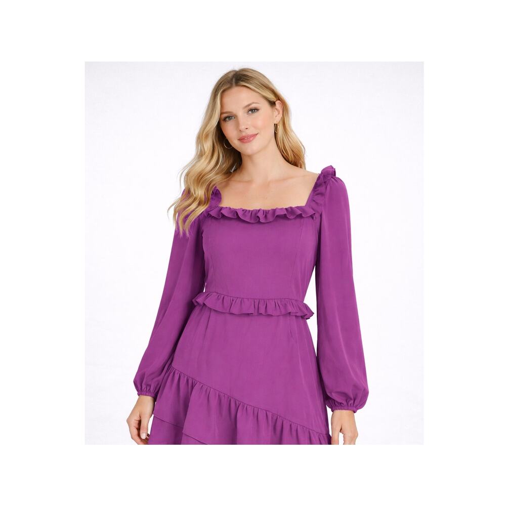 Idem Ditto Square Neck Ruffle Trim Mini Dress Purple Womens Size Large New